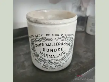 VERKAUFT ! 1 lb Dumpy James Keiller & Sons Dundee 1 lb Marmeladentopf antiker Steingut Vorratstopf Besteckhalter Stiftehalter Landhaus Küche