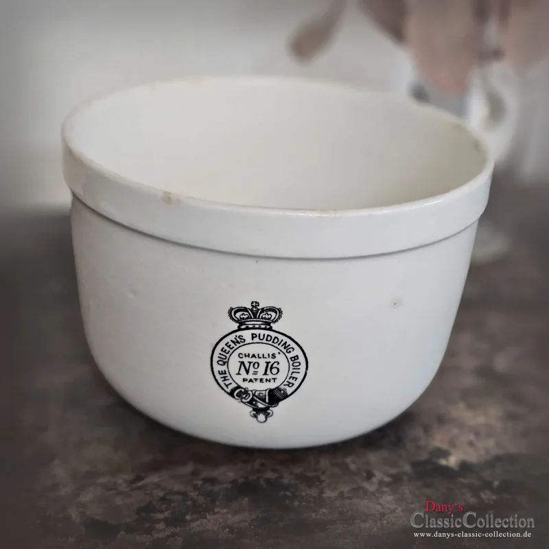 The Queen's Pudding Boiler Challis No.16 Patent Steinguttopf Steinzeug Vase Besteck Stifte Blumen England UK Küche Antik Deko