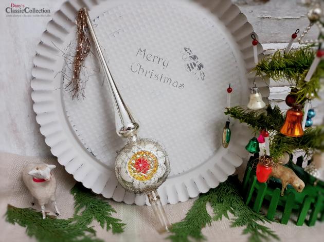 Reflex-Baumspitze 29 cm ~ alte silberne Christbaumspitze ~ 3 rot-goldene Einstiche und Tinselschweif ~ Weihnachten ~ Weihnachtsbaum