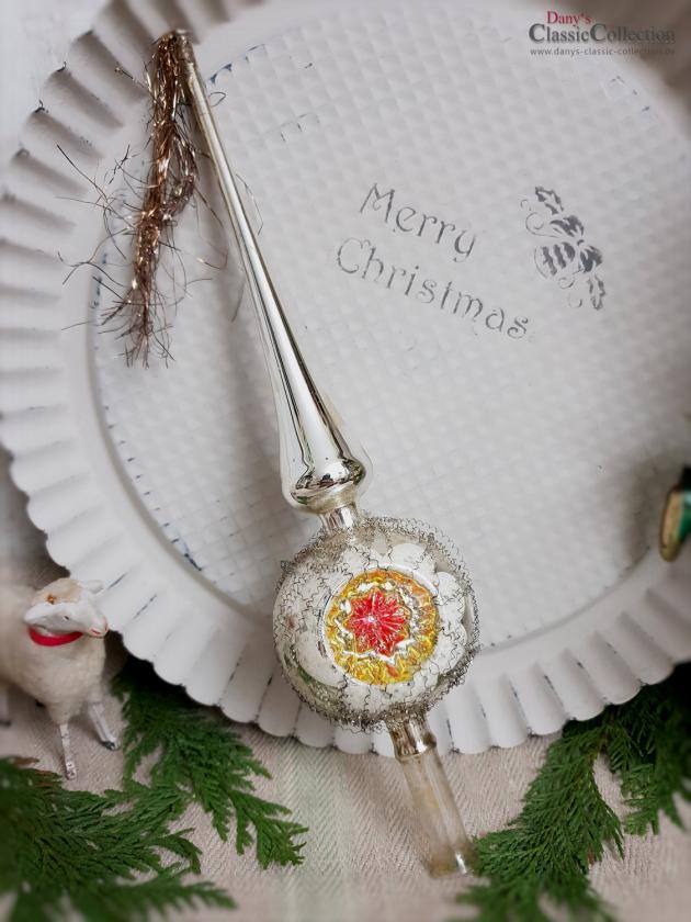 Reflex-Baumspitze 29 cm ~ alte silberne Christbaumspitze ~ 3 rot-goldene Einstiche und Tinselschweif ~ Weihnachten ~ Weihnachtsbaum