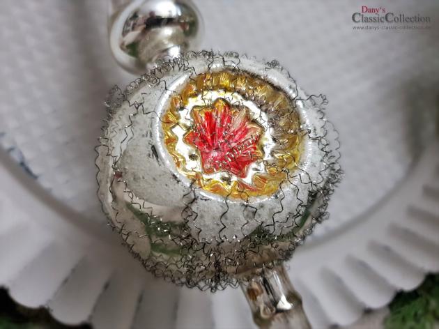Reflex-Baumspitze 29 cm ~ alte silberne Christbaumspitze ~ 3 rot-goldene Einstiche und Tinselschweif ~ Weihnachten ~ Weihnachtsbaum