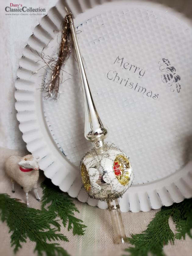 Reflex-Baumspitze 29 cm ~ alte silberne Christbaumspitze ~ 3 rot-goldene Einstiche und Tinselschweif ~ Weihnachten ~ Weihnachtsbaum