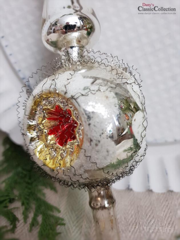 Reflex-Baumspitze 29 cm ~ alte silberne Christbaumspitze ~ 3 rot-goldene Einstiche und Tinselschweif ~ Weihnachten ~ Weihnachtsbaum