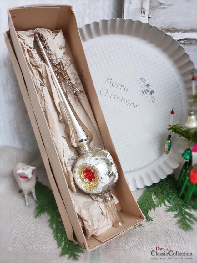 Reflex-Baumspitze 29 cm ~ alte silberne Christbaumspitze ~ 3 rot-goldene Einstiche und Tinselschweif ~ Weihnachten ~ Weihnachtsbaum