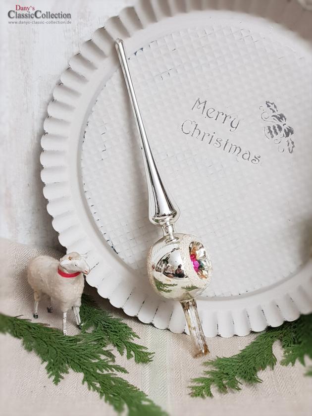 Silberne Reflex-Baumspitze 29 cm ~ alte Christbaumspitze ~ 2 bunte Einstiche ~ Weihnachten ~ Weihnachtsbaum
