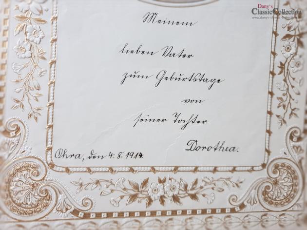 Antiker Schmuckbrief ~ Geprägt und lithografiert ~ Brief von Tochter an Vater ~ 1914 ~ Stuckrahmen ~ Glocken ~ Veilchenstrauß ~ hw3959b1
