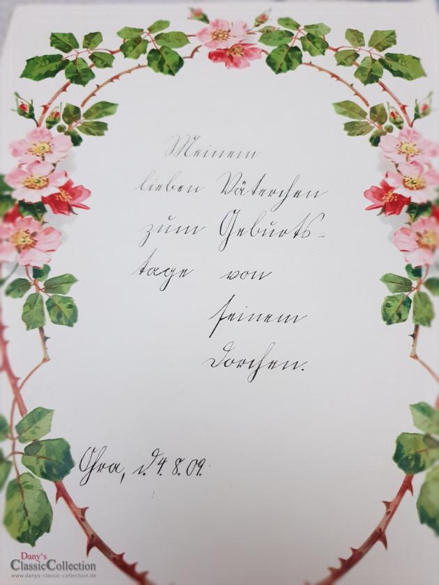 Antiker Schmuckbrief ~ Geprägt und lithografiert ~ Brief von Tochter an Vater ~ 1909 ~ mit Rosen umrahmt ~ hw3959b2