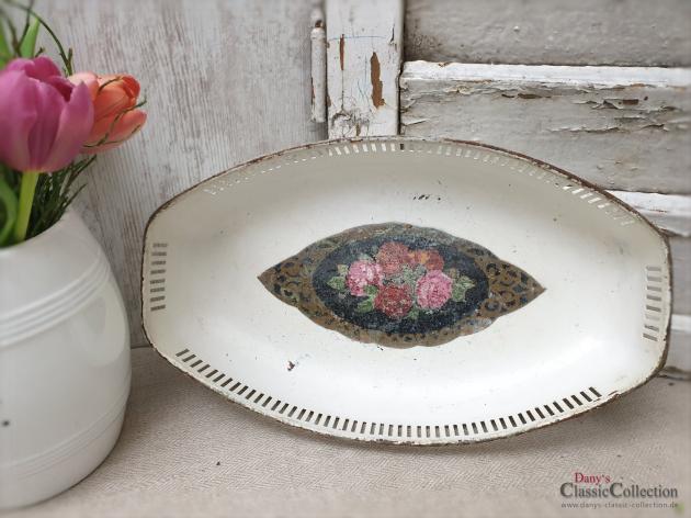 Außergewöhnlicher Emaille Brotkorb ~ creme weiß mit Rosendekor ~ Schale alt ~ Obstschale emailliert ~ Vintage Landhausküche ~ hy4882
