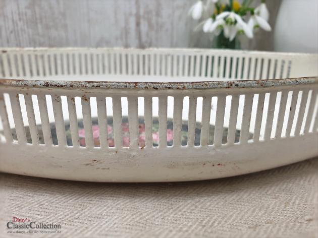 Außergewöhnlicher Emaille Brotkorb ~ creme weiß mit Rosendekor ~ Schale alt ~ Obstschale emailliert ~ Vintage Landhausküche ~ hy4882