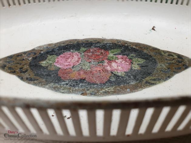 Außergewöhnlicher Emaille Brotkorb ~ creme weiß mit Rosendekor ~ Schale alt ~ Obstschale emailliert ~ Vintage Landhausküche ~ hy4882