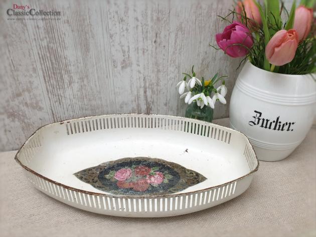Außergewöhnlicher Emaille Brotkorb ~ creme weiß mit Rosendekor ~ Schale alt ~ Obstschale emailliert ~ Vintage Landhausküche ~ hy4882