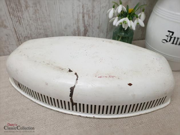 Außergewöhnlicher Emaille Brotkorb ~ creme weiß mit Rosendekor ~ Schale alt ~ Obstschale emailliert ~ Vintage Landhausküche ~ hy4882