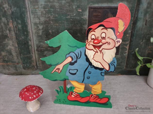 Lachender Zwerg mit Rauschebart und Zipfelmütze ~ Papp-Aufsteller ~ Original Papier ~ Vintage Kinderzimmer Deko ~ Sammlerstück ~ hy5084