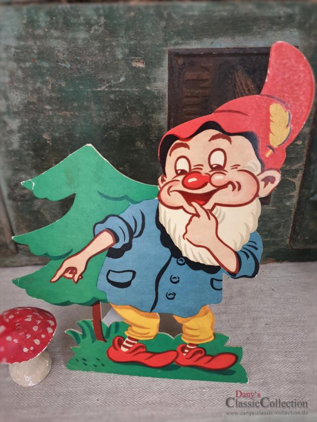 Lachender Zwerg mit Rauschebart und Zipfelmütze ~ Papp-Aufsteller ~ Original Papier ~ Vintage Kinderzimmer Deko ~ Sammlerstück ~ hy5084
