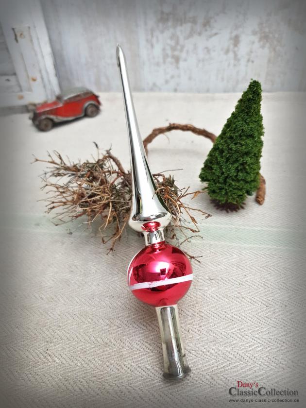 VERKAUFT ! Silberne Reflex-Baumspitze 18,5 cm ~ Christbaumspitze alt ~ rote Kugel mit weißer Bemalung ~ Frohe Weihnachten ~ Weihnachtsbaum ~ hy6262
