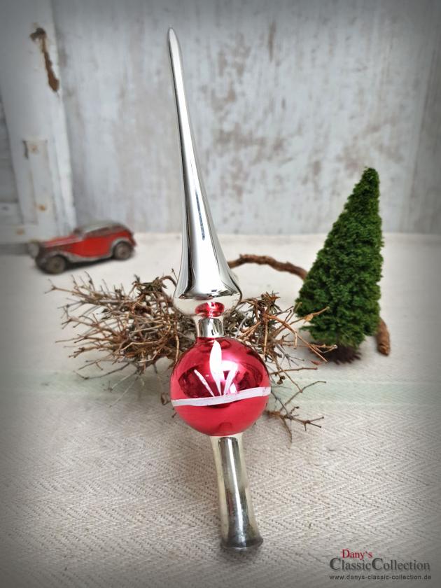 VERKAUFT ! Silberne Reflex-Baumspitze 18,5 cm ~ Christbaumspitze alt ~ rote Kugel mit weißer Bemalung ~ Frohe Weihnachten ~ Weihnachtsbaum ~ hy6262