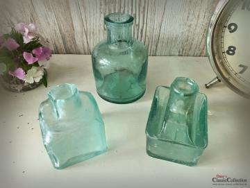 VERKAUFT ! SET mit 3 antiken Tinten Flaschen ~ SET #1 ~ aquamarin ~ altes Glas ~ teils milchig ~ Vintage Glasvase ~ Shabby Deko ~ hz6426bs1