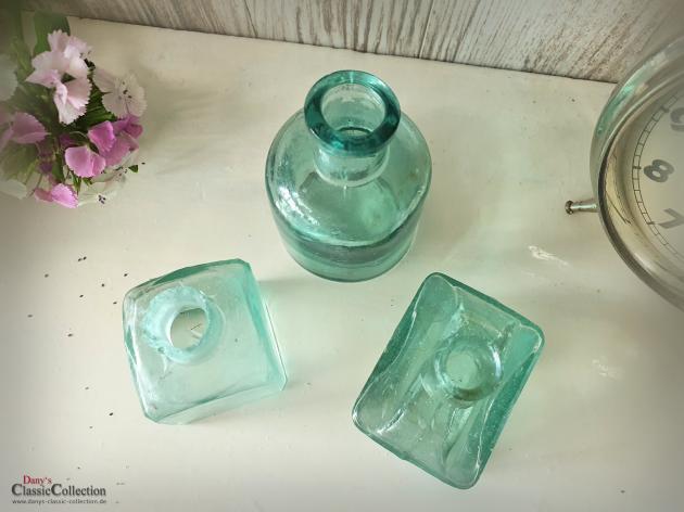 VERKAUFT ! SET mit 3 antiken Tinten Flaschen ~ SET #1 ~ aquamarin ~ altes Glas ~ teils milchig ~ Vintage Glasvase ~ Shabby Deko ~ hz6426bs1