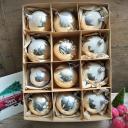12er Kiste Christbaumkugeln silber mit Schnee ~ alter Christbaumschmuck ~ Vintage Weihnacht ~ hw3640