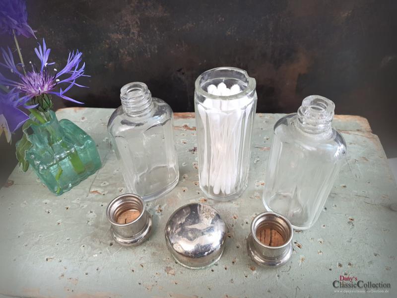 3er SET Glas Flakons aus Reise-Etui ~ Vintage Badezimmer ~ Parfumflacon ~ Glasflasche ~ Glasbehälter ~ Schraubdeckel ~ Chromdeckel ~ ht2491