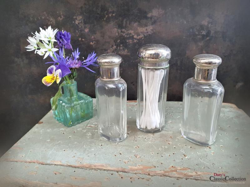 3er SET Glas Flakons aus Reise-Etui ~ Vintage Badezimmer ~ Parfumflacon ~ Glasflasche ~ Glasbehälter ~ Schraubdeckel ~ Chromdeckel ~ ht2491