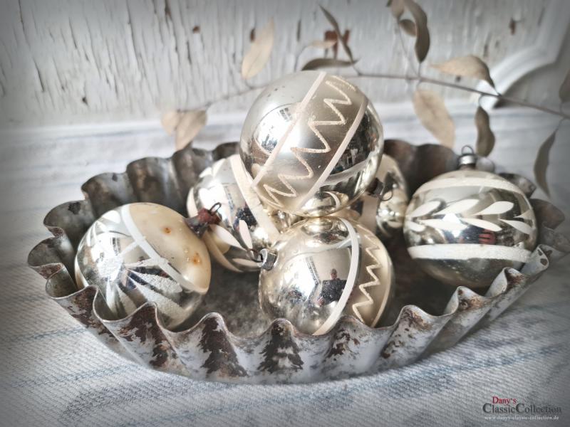 6 Christbaumkugeln Ø 6 cm ~ Weihnachtskugeln silber mit Bemalung ~ Vintage Weihnachtsbaum ~ Shabby Chic ~ nostalgische Weihnachten ~ ht2840