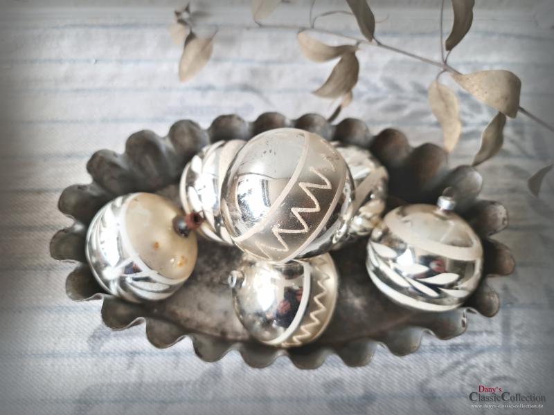 6 Christbaumkugeln Ø 6 cm ~ Weihnachtskugeln silber mit Bemalung ~ Vintage Weihnachtsbaum ~ Shabby Chic ~ nostalgische Weihnachten ~ ht2840