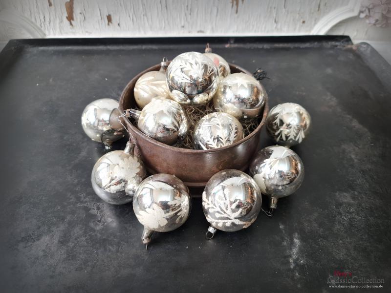 12 Christbaumkugeln Ø 5 cm ~ Weihnachtskugeln silber mit Bemalung ~ Vintage Weihnachtsbaum ~ Shabby Chic ~ nostalgische Weihnachten ~ hs2159