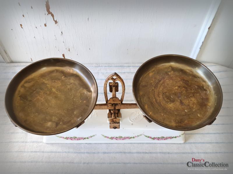 VERKAUFT ! Cronsbusch 5kg Rosendekor Balkenwaage ~ alte Küchenwaage ~ Waage Gusseisen Keramikkorpus ~ Küchendeko ~ Vintage Landhausküche