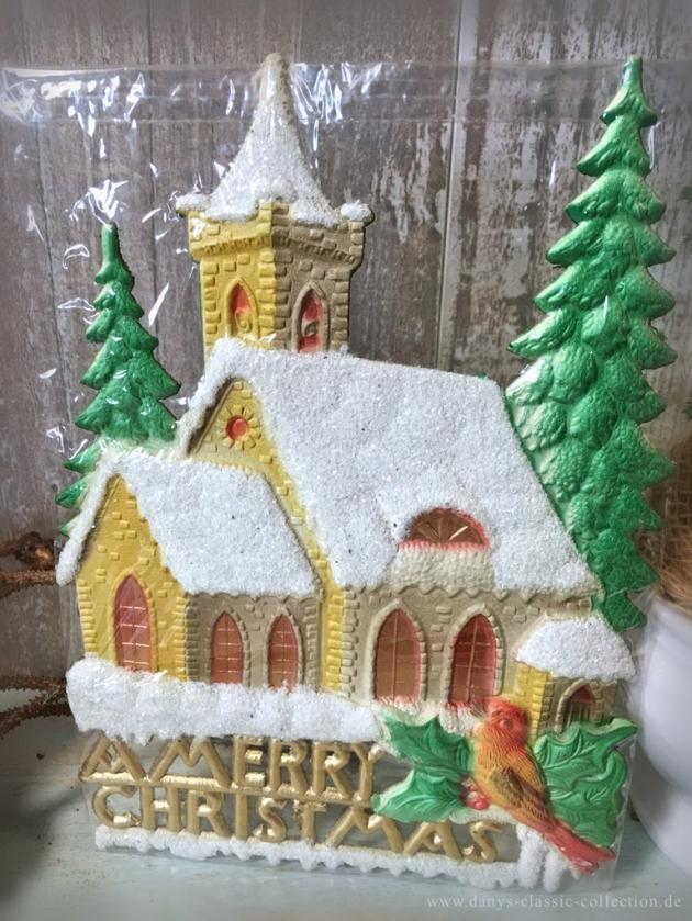 Altes Fensterbild aus geprägter Pappe Schriftzug A Merry Christmas Kirche