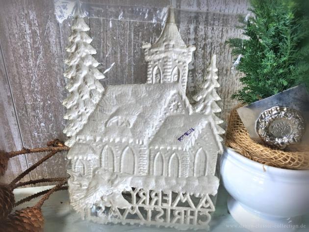 Altes Fensterbild aus geprägter Pappe Schriftzug A Merry Christmas Kirche