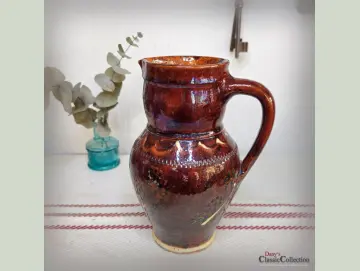 Tonkrug handbemalt und lasierMilchkanne Henkelkrug Wasserkrug Vase Vintage Küche Landhaus Cottagecore