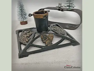 Christbaumständer eckig Tannen Engel Weihnachtsbaumständer Gusseisen grün gold lackiert Vintage Weihnachten Kerzenständer