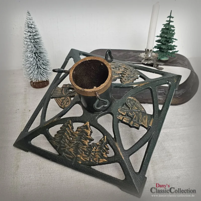 Christbaumständer eckig Tannen Engel Weihnachtsbaumständer Gusseisen grün gold lackiert Vintage Weihnachten Kerzenständer