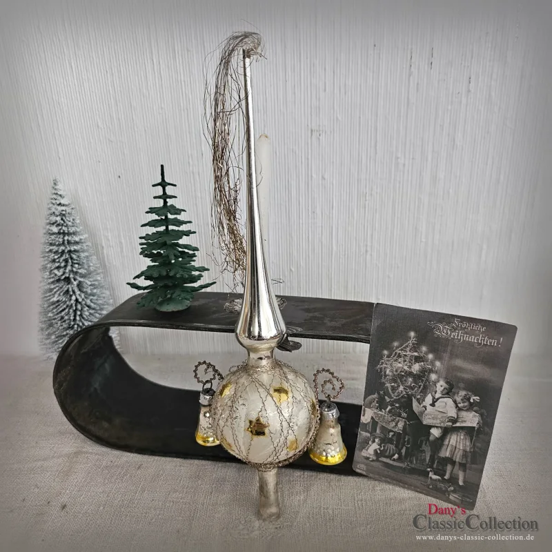 Baumspitze 25 cm matt silber 2 Glocken Goldsterne Christbaumspitze Weihnachtsbaum Bauernsilber Nostalgie Weihnacht
