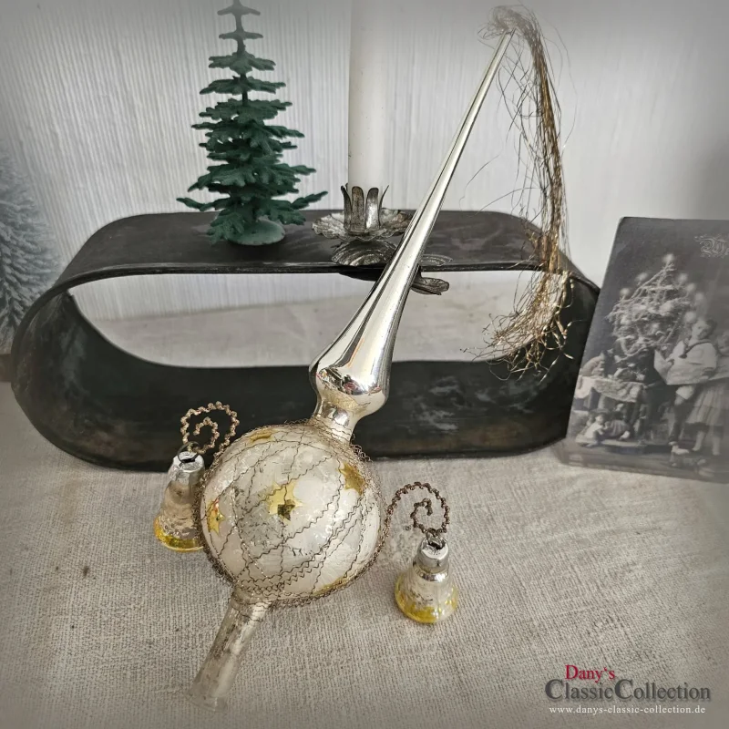 Baumspitze 25 cm matt silber 2 Glocken Goldsterne Christbaumspitze Weihnachtsbaum Bauernsilber Nostalgie Weihnacht