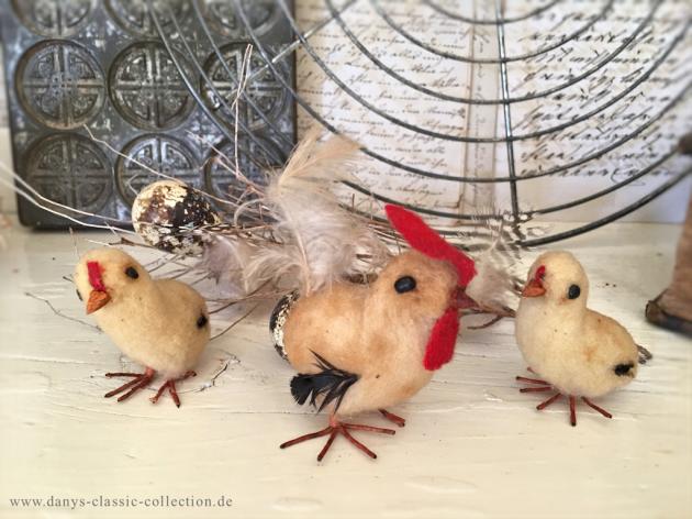 Altes Set 2 Küken 1 Hahn Wattefiguren