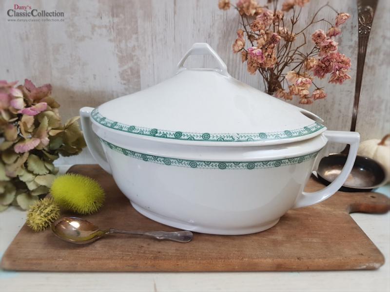 Große weiße Art Déco Deckelterrine mit grünem Randdekor ~ Vintage Homedecor ~ Schüssel ~ Terrine ~ Soupière ~ hs1574