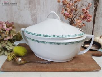 Große weiße Art Déco Deckelterrine mit grünem Randdekor ~ Vintage Homedecor ~ Schüssel ~ Terrine ~ Soupière ~ hs1574
