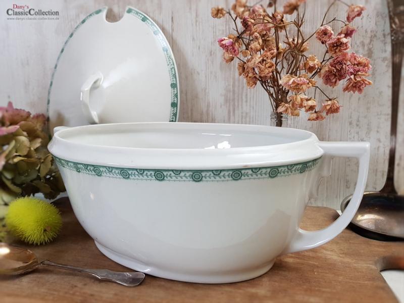 Große weiße Art Déco Deckelterrine mit grünem Randdekor ~ Vintage Homedecor ~ Schüssel ~ Terrine ~ Soupière ~ hs1574