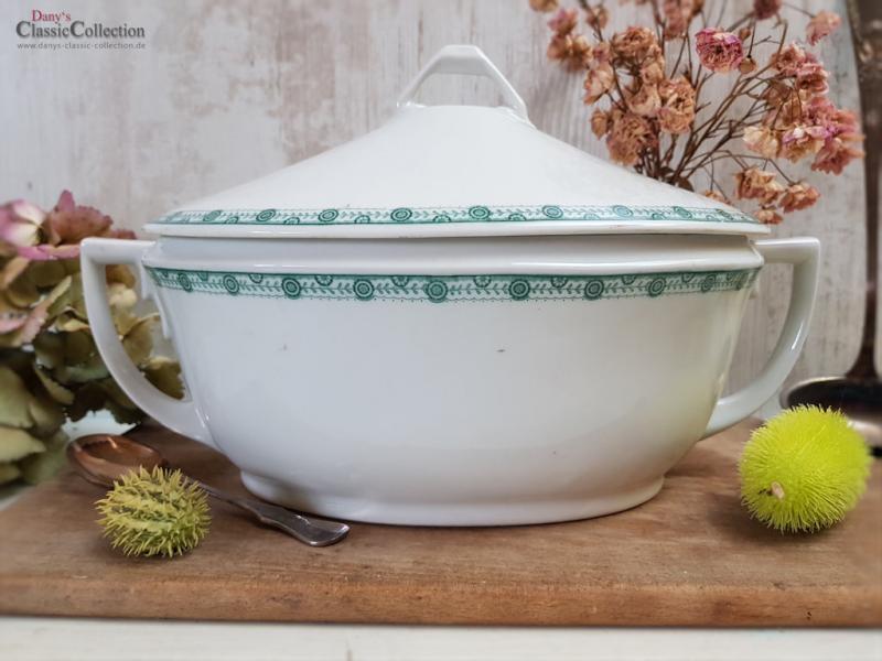 Große weiße Art Déco Deckelterrine mit grünem Randdekor ~ Vintage Homedecor ~ Schüssel ~ Terrine ~ Soupière ~ hs1574