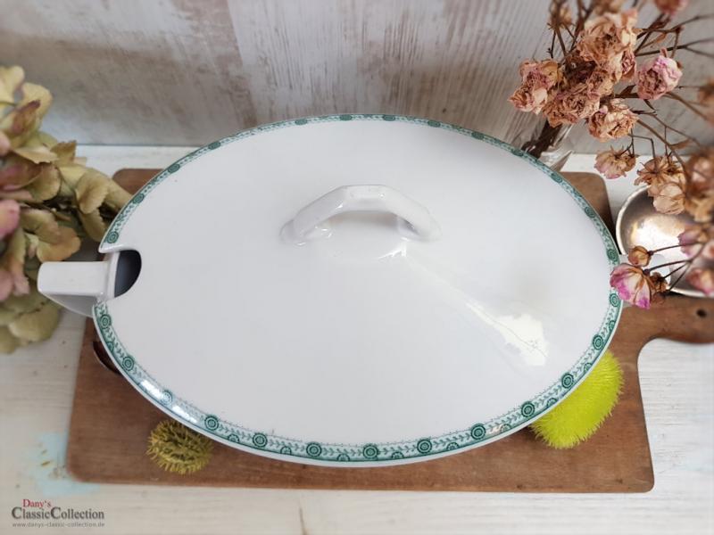 Große weiße Art Déco Deckelterrine mit grünem Randdekor ~ Vintage Homedecor ~ Schüssel ~ Terrine ~ Soupière ~ hs1574