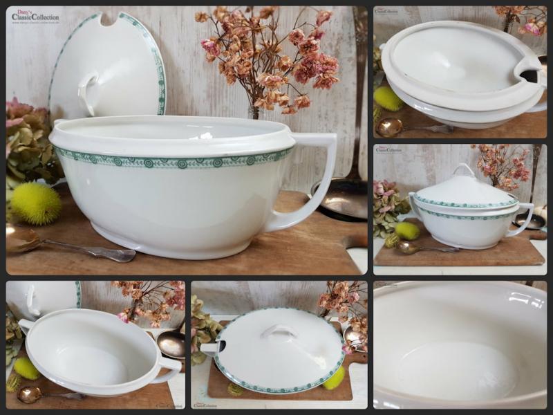Große weiße Art Déco Deckelterrine mit grünem Randdekor ~ Vintage Homedecor ~ Schüssel ~ Terrine ~ Soupière ~ hs1574