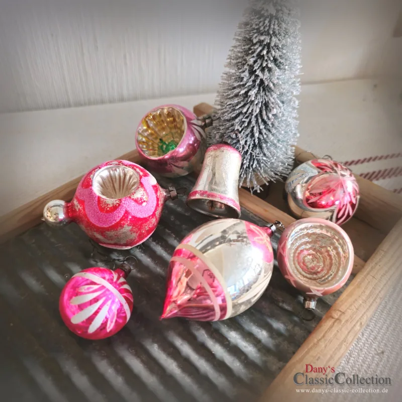 7 Christbaumkugeln silber pink alter Christbaumschmuck Lauscha Vintage Weihnachtsschmuck Baumbehang rosa Weihnachten