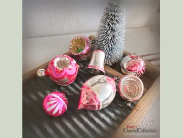 7 Christbaumkugeln silber pink alter Christbaumschmuck Lauscha Vintage Weihnachtsschmuck Baumbehang rosa Weihnachten