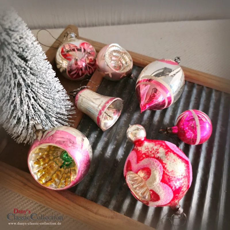 7 Christbaumkugeln silber pink alter Christbaumschmuck Lauscha Vintage Weihnachtsschmuck Baumbehang rosa Weihnachten
