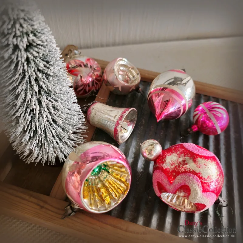 7 Christbaumkugeln silber pink alter Christbaumschmuck Lauscha Vintage Weihnachtsschmuck Baumbehang rosa Weihnachten