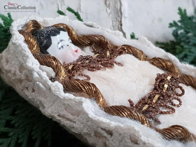 Porzellankopf im Watte-Bettchen ~ antiker Sammlerschmuck ~ Goldbordüre ~ Seltener Christbaumschmuck ~ historische Weihnacht