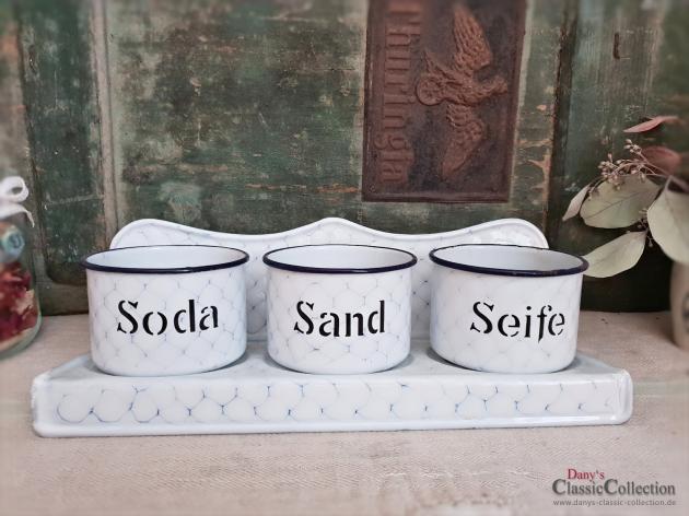 VERKAUFT ! Sand Soda Seife aus Emaille im Wandboard ~ Wabenmuster ~ Artdeco ~ Küchenhelfer ~ Küchendeko ~ Landhausküche