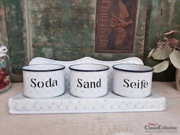 VERKAUFT ! Sand Soda Seife aus Emaille im Wandboard ~ Wabenmuster ~ Artdeco ~ Küchenhelfer ~ Küchendeko ~ Landhausküche